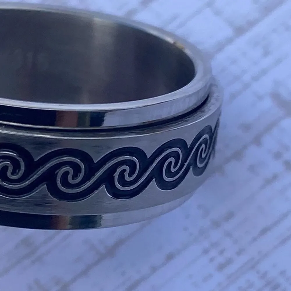 Men’s Spinner Ring Size 10 Stainless Steel Fidget Band Black Wave Design